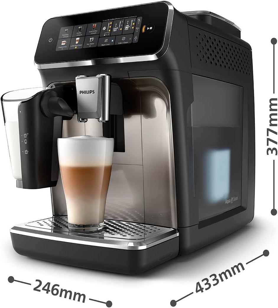 Kaffeevollautomat für sechs Getränke; Modernes Farb-Touchscreen-Display; LatteGo-Milchsystem; SilentBrew-Funktion; Vollkeramik-Mahlwerk; AquaClean Filter. Farbe: Schwarzchrom. Modell: EP3347/90