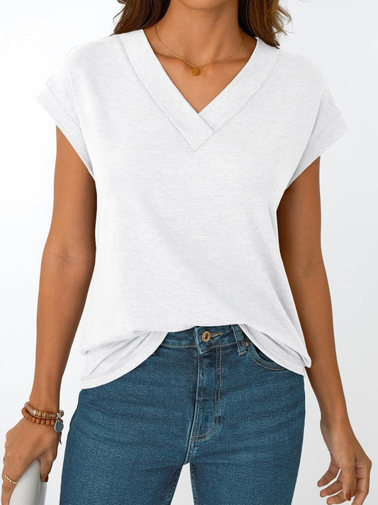 Womens Cap Short Sleeve T Shirts Summer Tops 2025 V Neck Dressy Casual Fashion Clothes Vacation Outfits