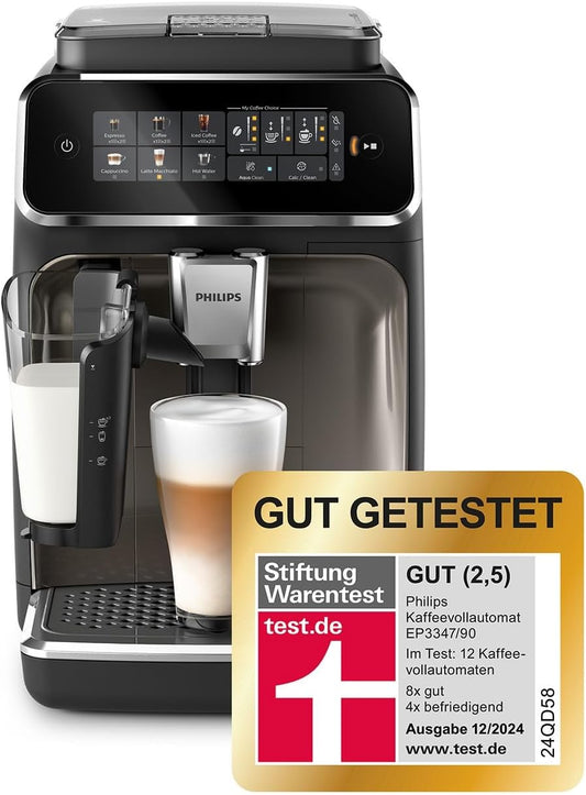 Kaffeevollautomat für sechs Getränke; Modernes Farb-Touchscreen-Display; LatteGo-Milchsystem; SilentBrew-Funktion; Vollkeramik-Mahlwerk; AquaClean Filter. Farbe: Schwarzchrom. Modell: EP3347/90