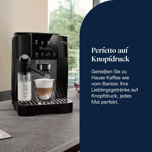 Magnifica Start - Perfetto Kaffeevollautomat mit LatteCrema-Milchaufschäumer, 4 One-Touch-Getränke, Cappuccino Kaffeemaschine, Soft-Touch-Bedienfeld, Schwarz-Grau (ECAM222.60.BG)